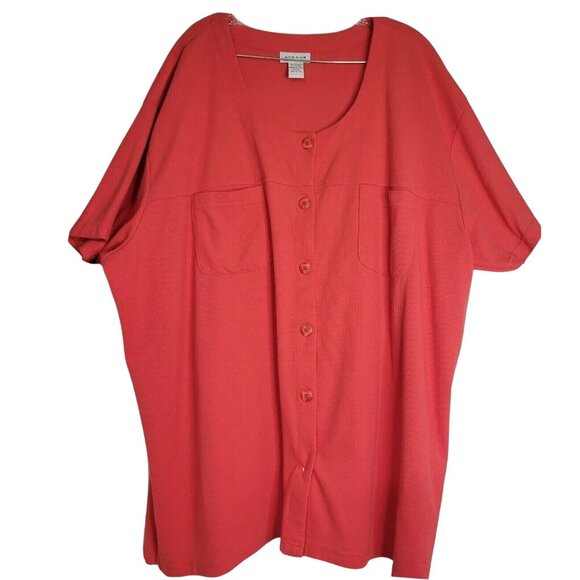 Avenue Plus Size Coral Button Front Short Sleeve Tunic Top Knit Blouse With Pock - Picture 1 of 4